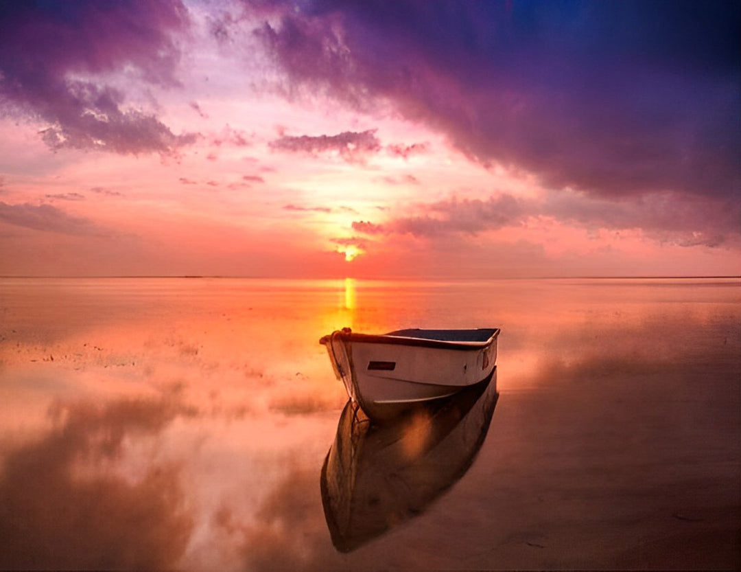 Eenzame Boot en Kleurrijke Lucht in de Spiegeling van het Water Diamond Painting