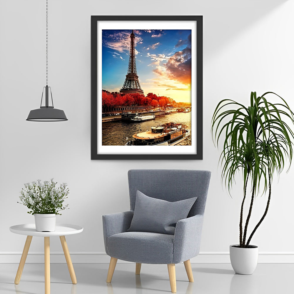 Eiffeltoren en Boten in de Zonsondergloed Diamond Painting