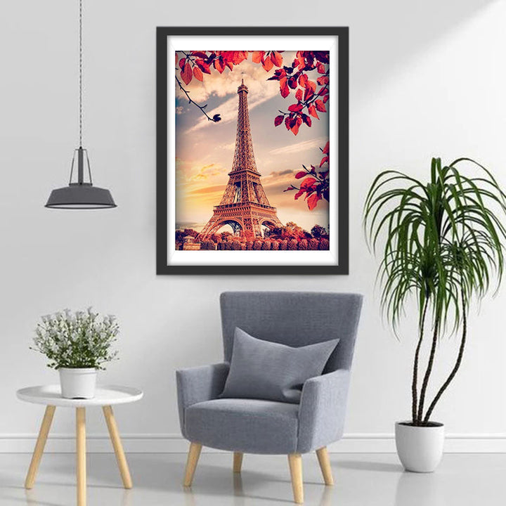 Eiffeltoren en Vuurrode Bladeren Diamond Painting
