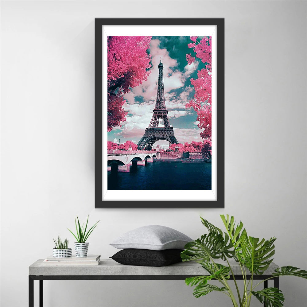 Eiffeltoren tussen Roze Bomen Diamond Painting