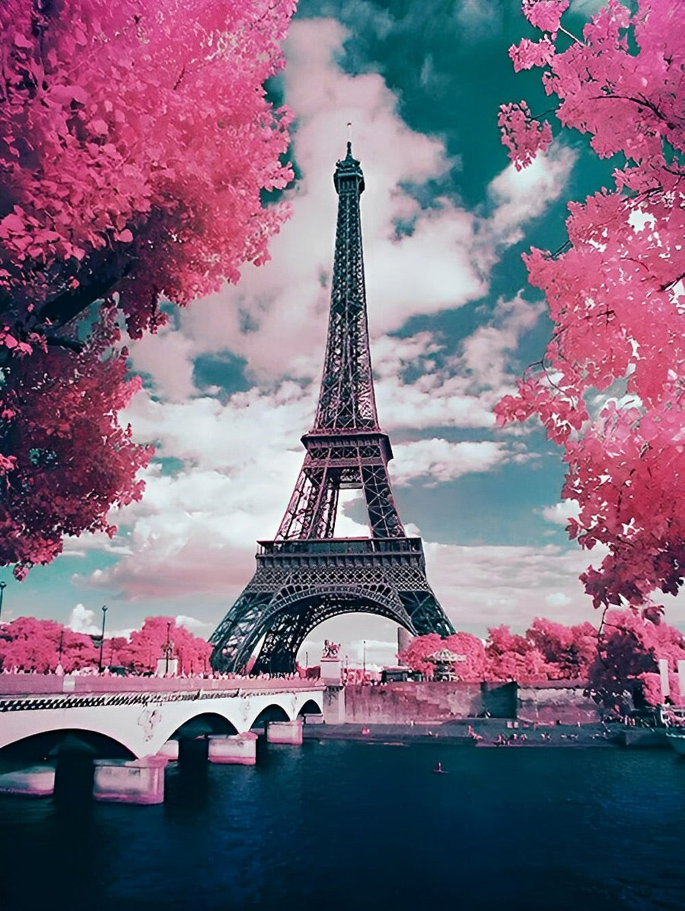 Eiffeltoren tussen Roze Bomen Diamond Painting