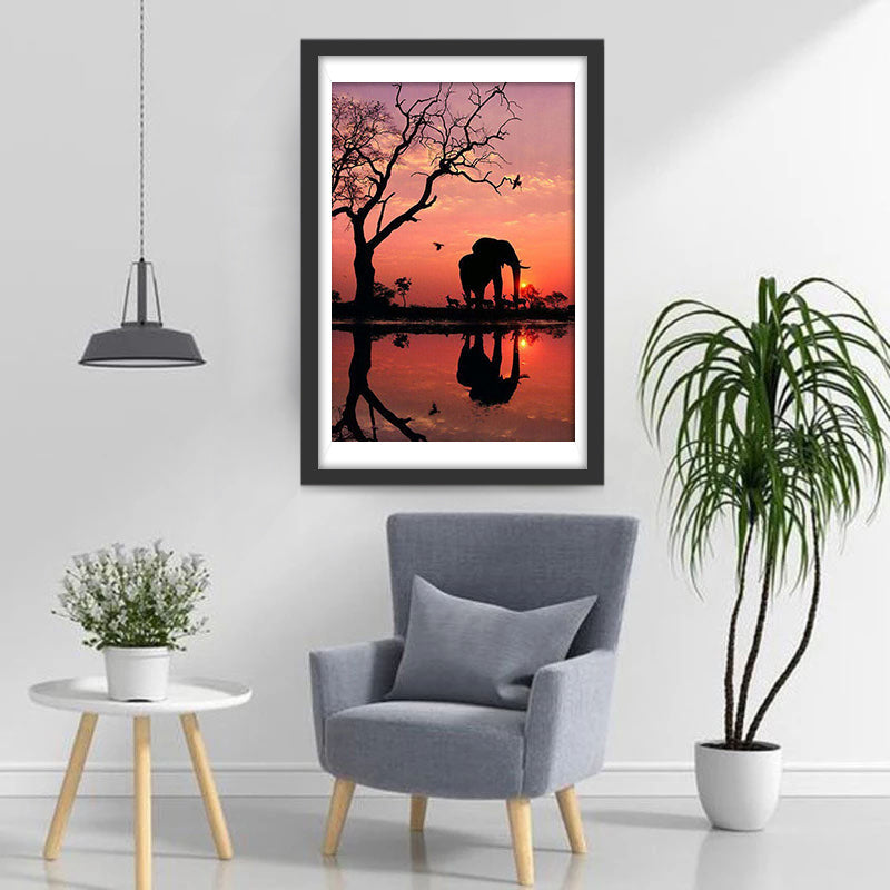 Ein Elefant unter Totem Baum in der Abendsonne Diamond Painting