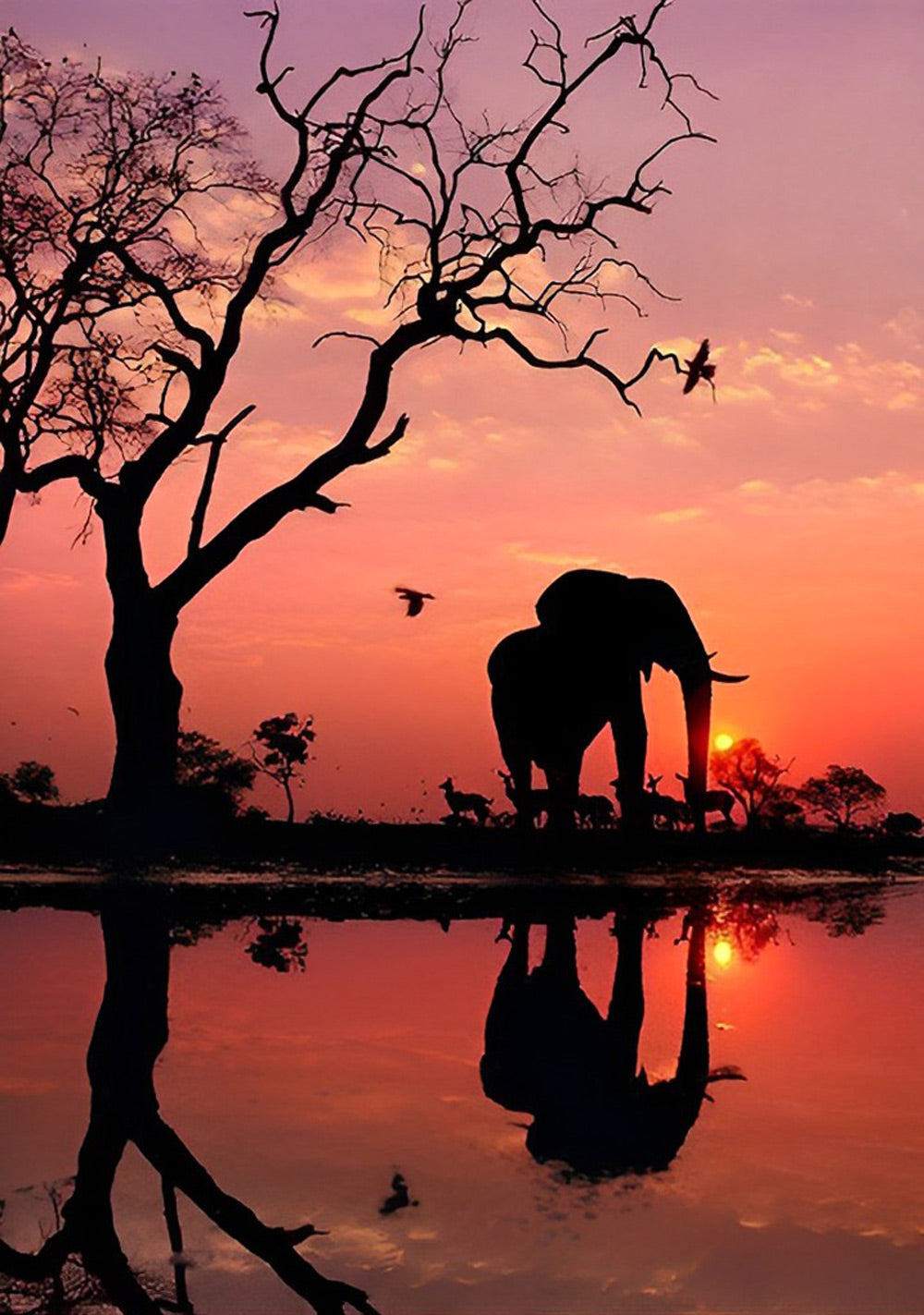 Ein Elefant unter Totem Baum in der Abendsonne Diamond Painting
