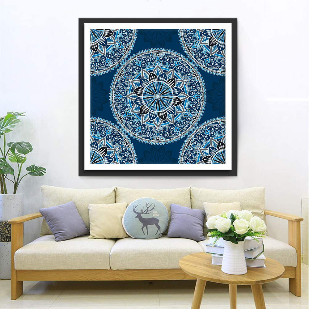 Elegant Blauw-Wit Bloemencirkelpatroon Diamond Painting
