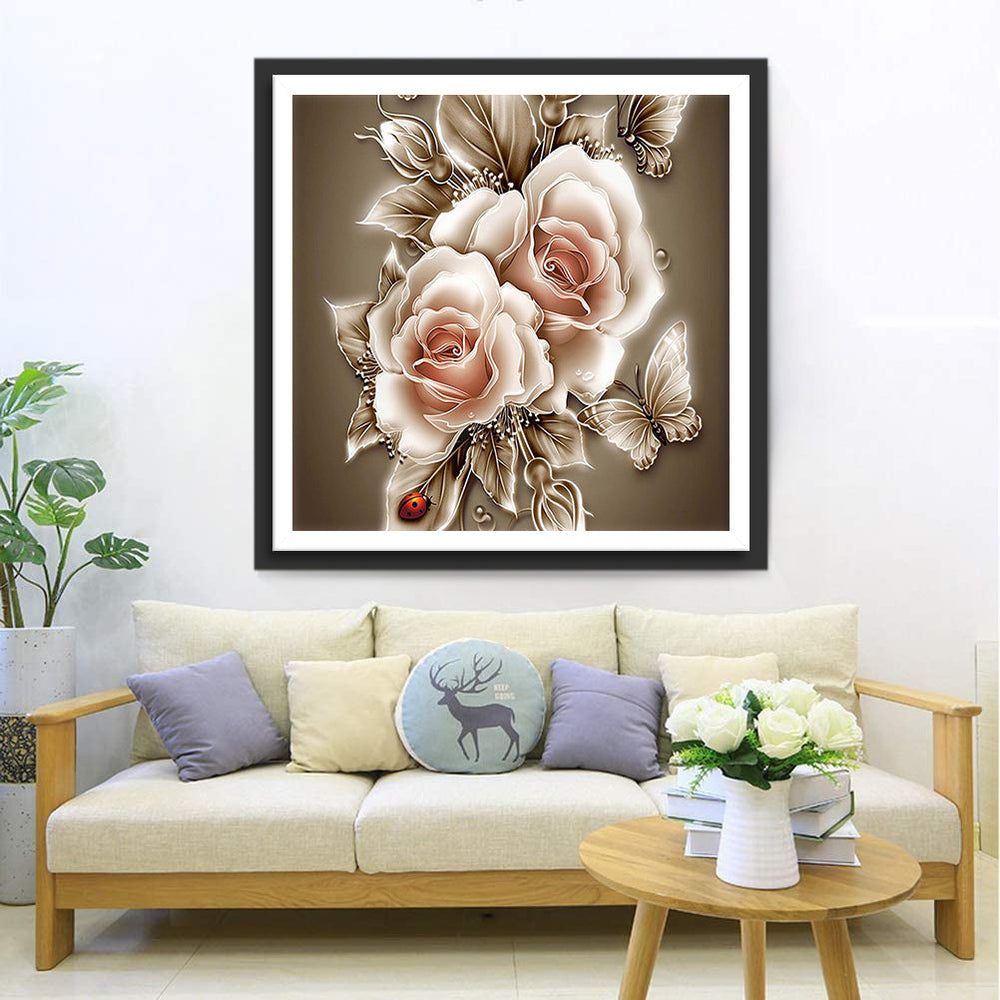 Elegante Rozen met Vlinders en Lieveheersbeestje Diamond Painting