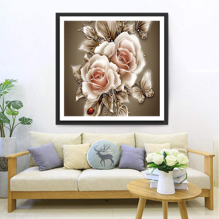 Elegante Rozen met Vlinders en Lieveheersbeestje Diamond Painting