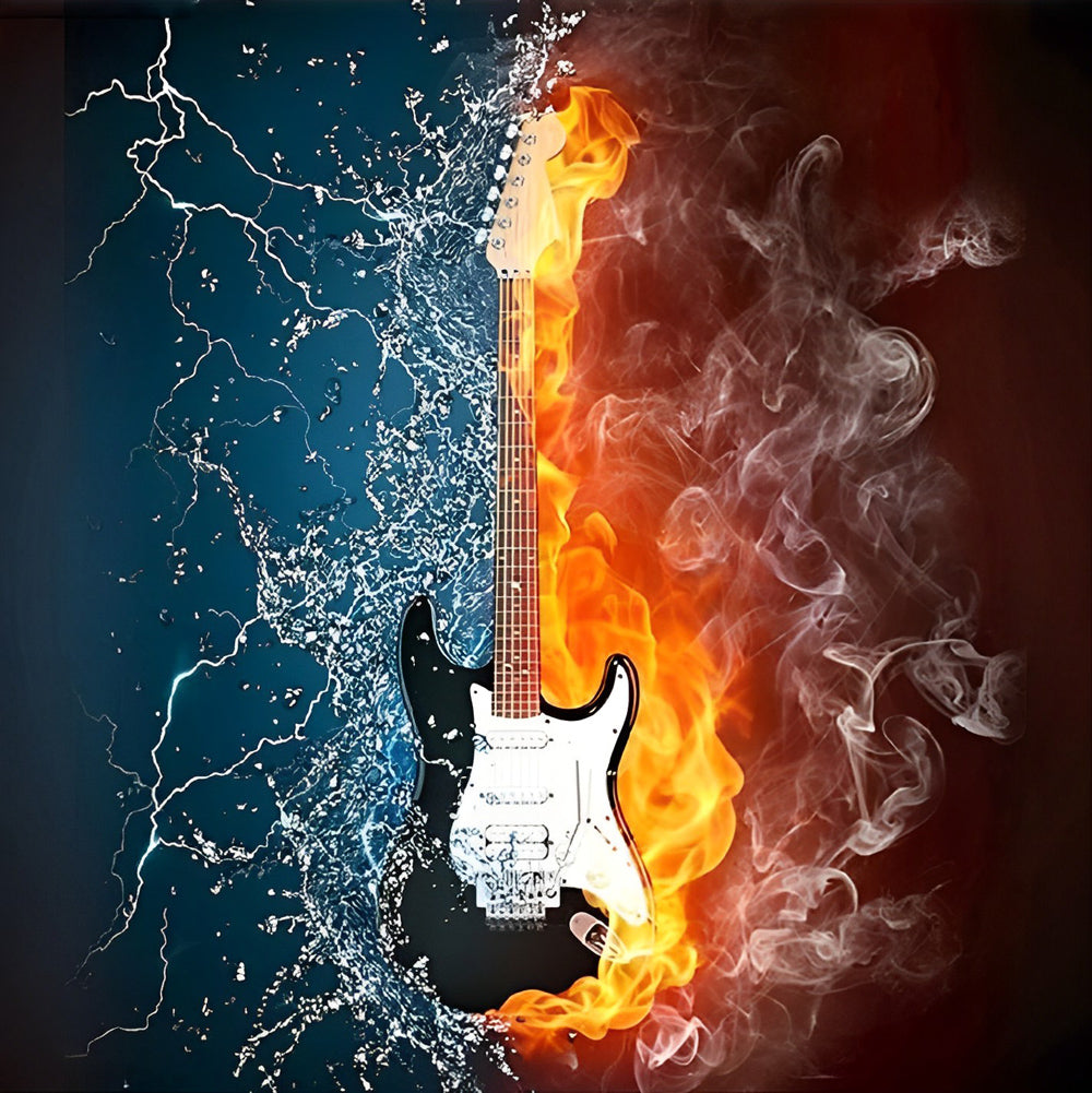 Elektrische Gitaar tussen vuur en Water Diamond Painting