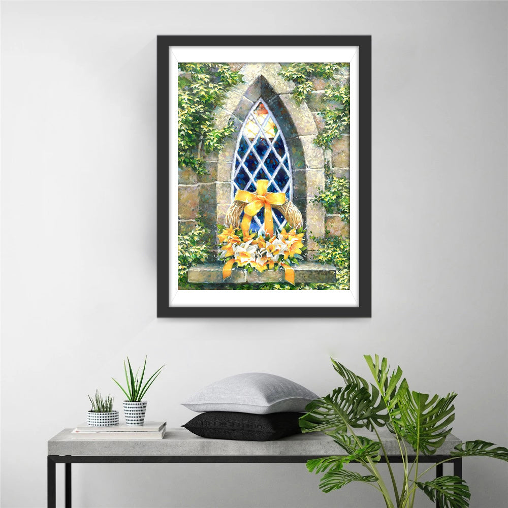 Etherische Kerkvenster met Bloemendekor Diamond Painting