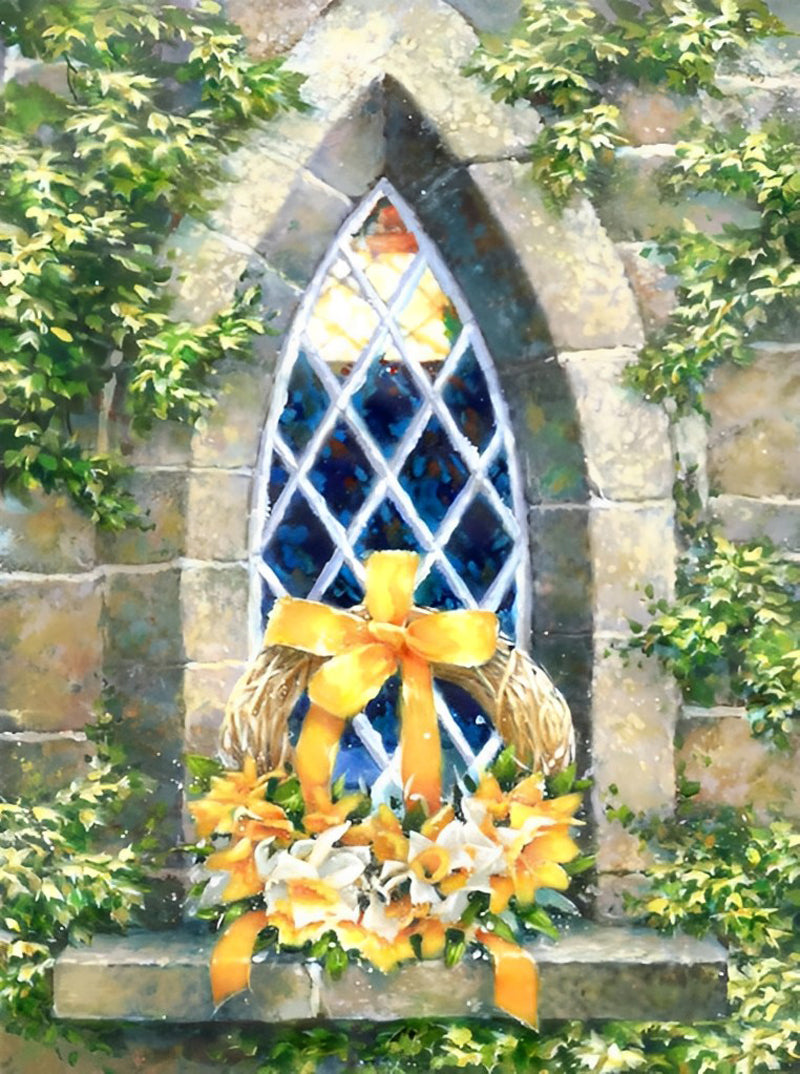 Etherische Kerkvenster met Bloemendekor Diamond Painting