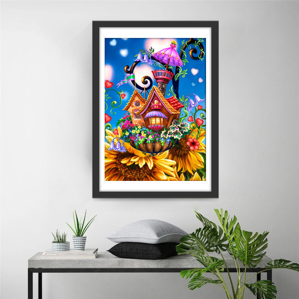 Fantasiehuisje op Zonnebloemen Diamond Painting