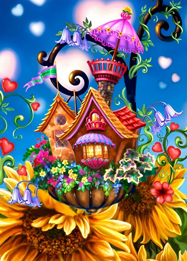 Fantasiehuisje op Zonnebloemen Diamond Painting