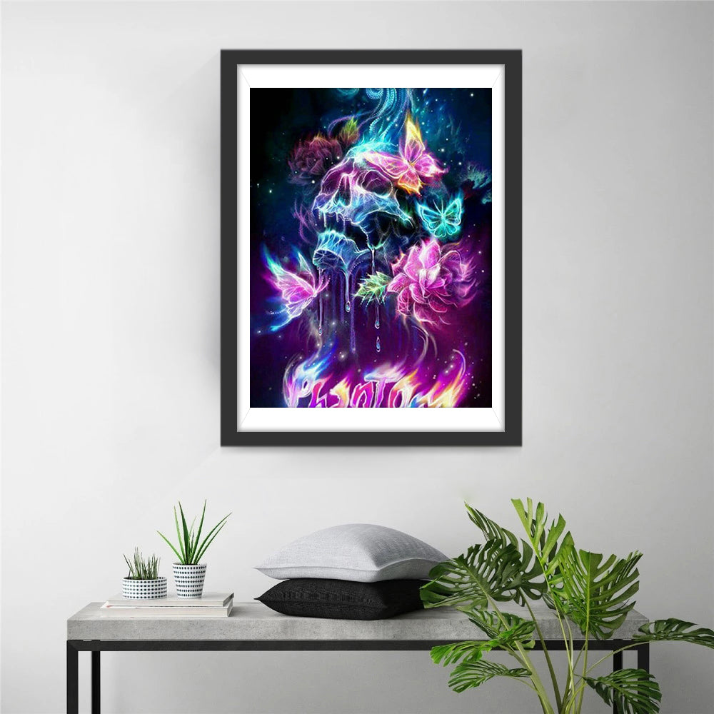 Fantasierijk Glowend Schedelbeeld met Vlinders en Bloemen Diamond Painting