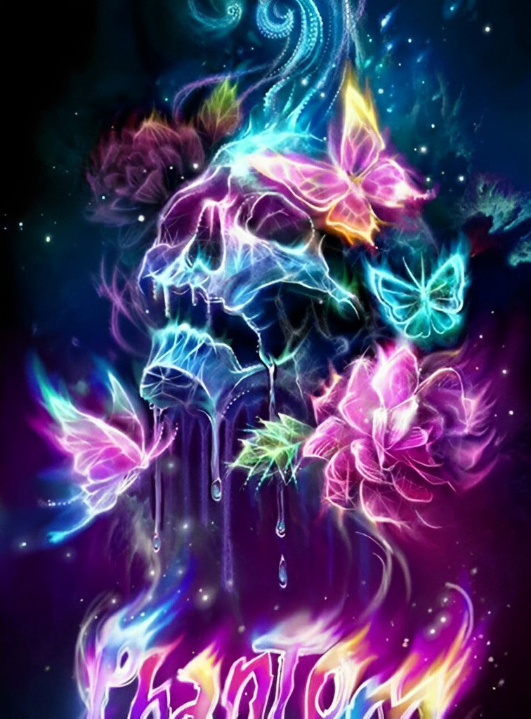 Fantasierijk Glowend Schedelbeeld met Vlinders en Bloemen Diamond Painting