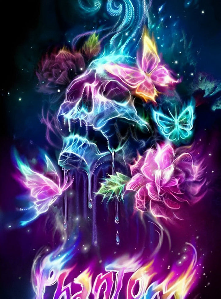 Fantasierijk Glowend Schedelbeeld met Vlinders en Bloemen Diamond Painting