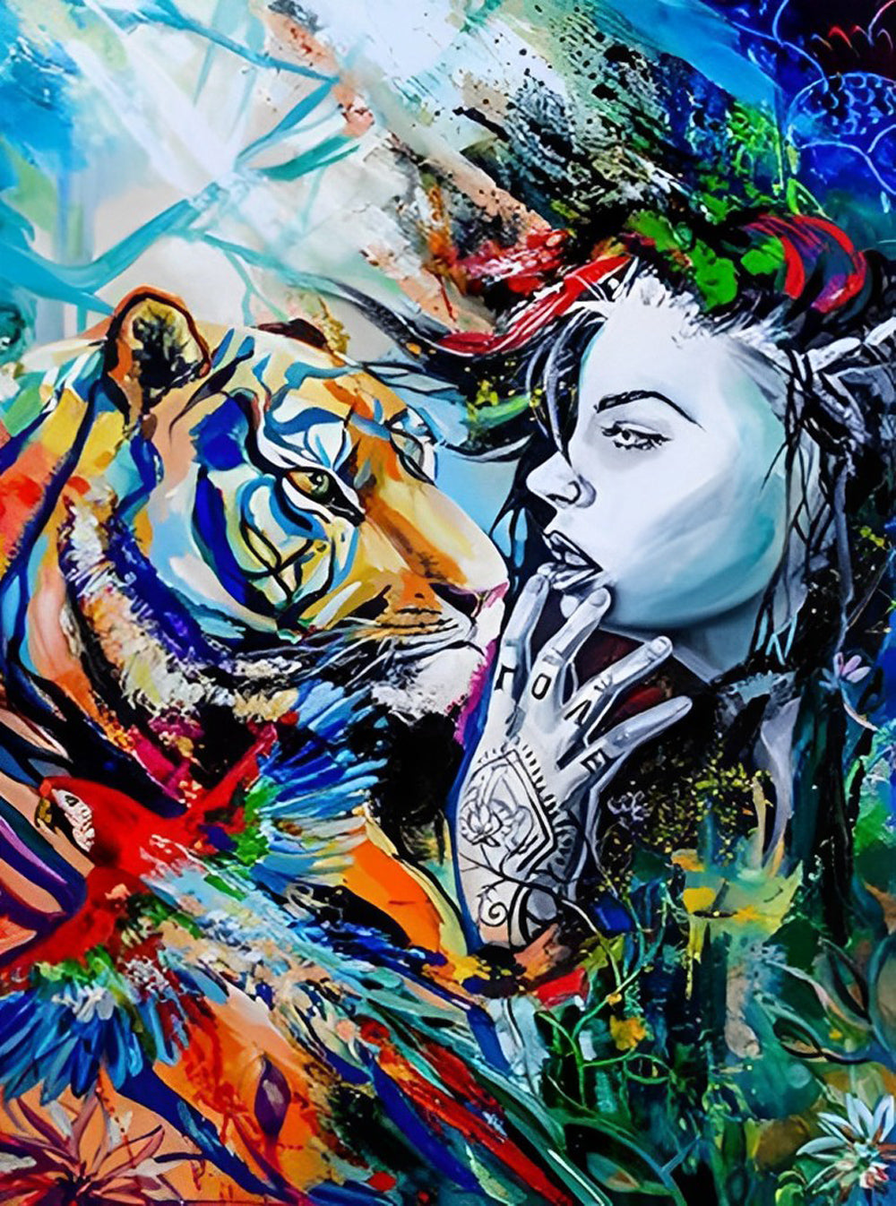 Fantasierijke Kunstwereld van Vrouw en Tijger Diamond Painting