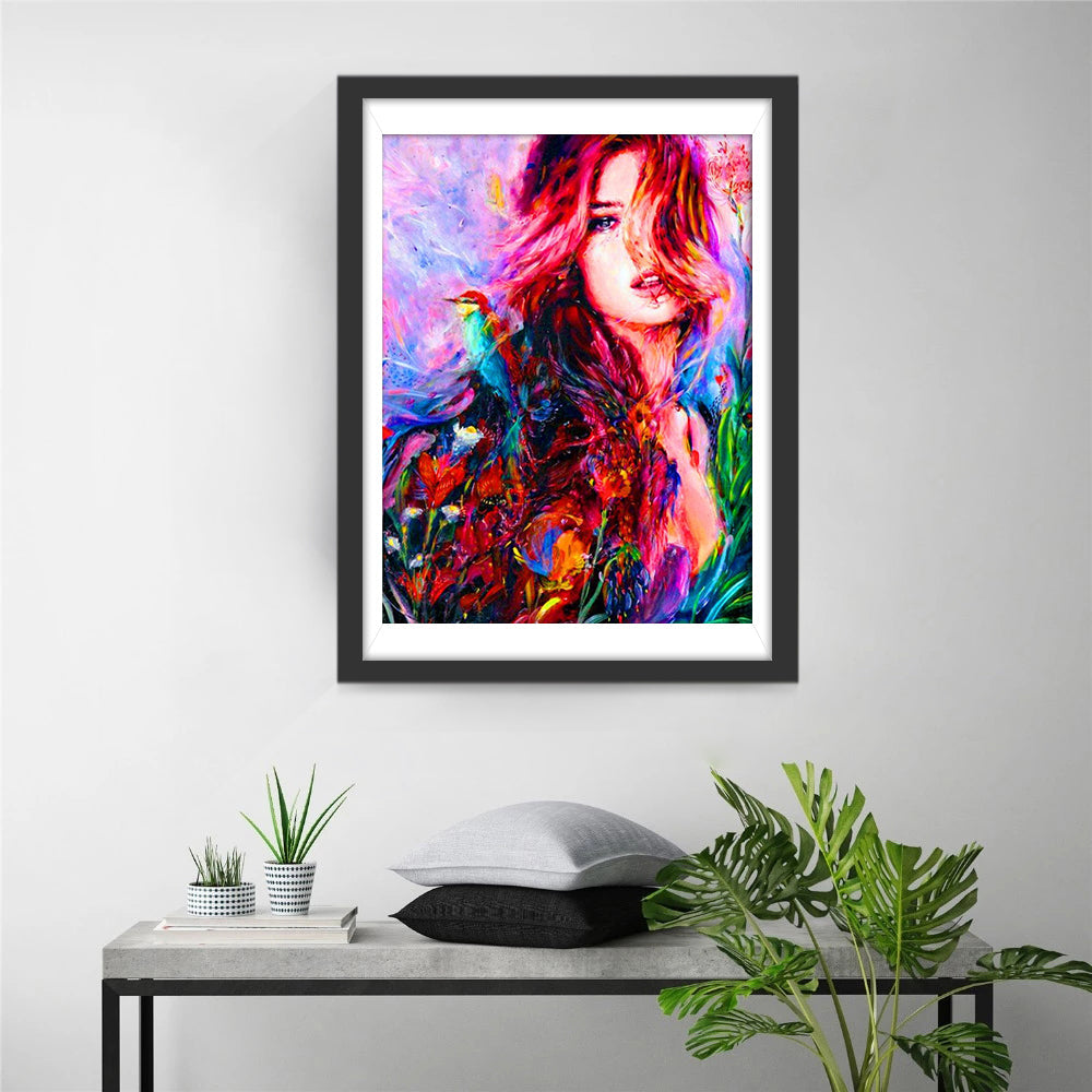 Fantasieryke Abstractie van Vrouw met Vogels in Levendige Kleuren Diamond Painting