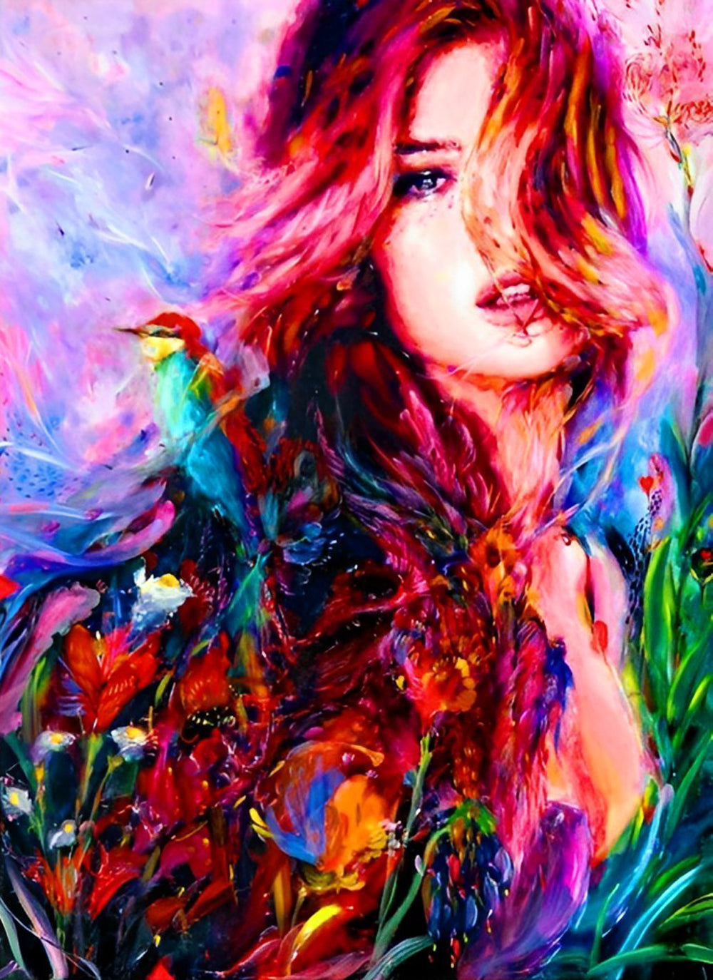 Fantasieryke Abstractie van Vrouw met Vogels in Levendige Kleuren Diamond Painting