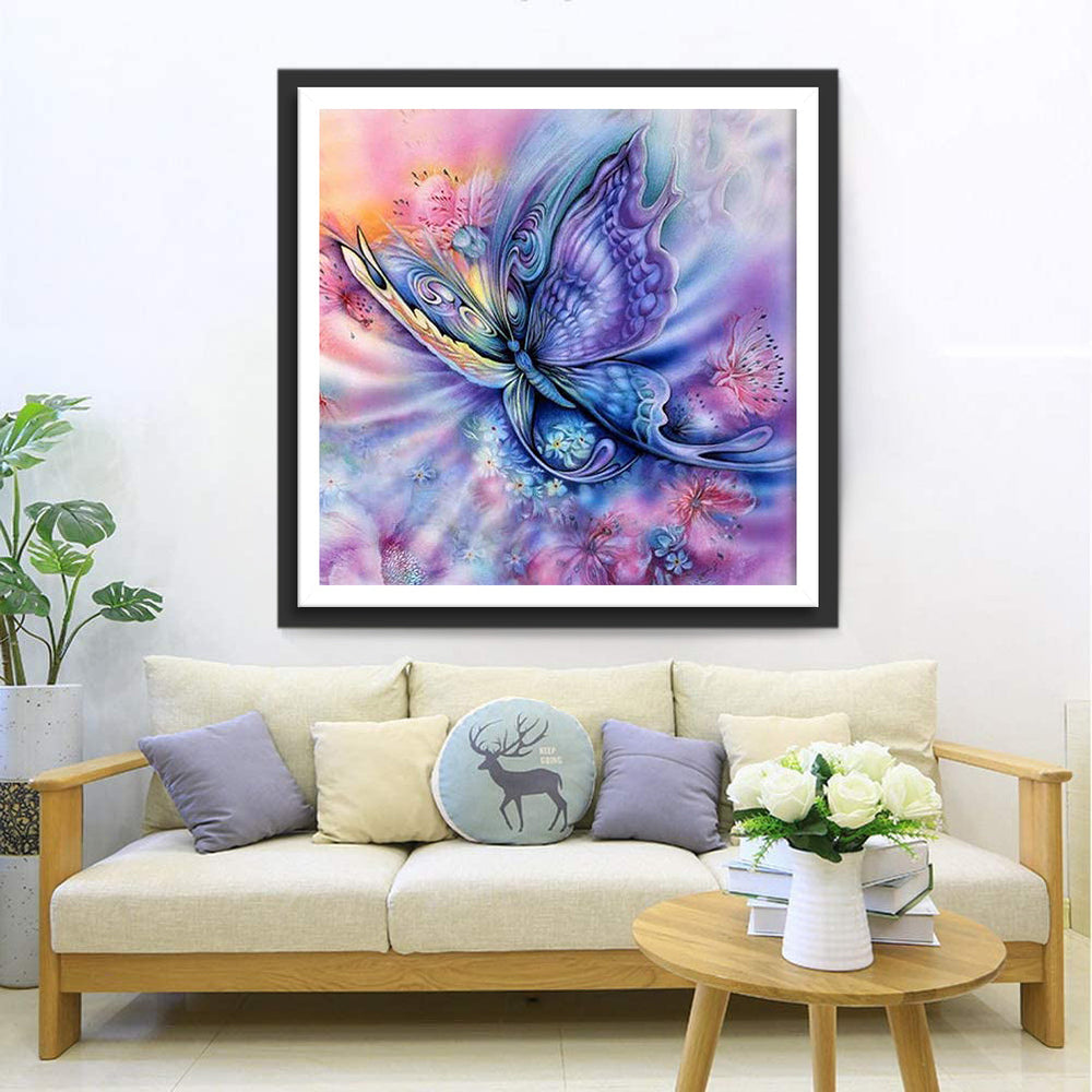 Fantastische Kleurrijke Bloemen en Grote Vlinder Diamond Painting