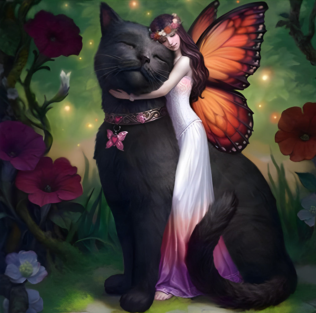 Fee en Zwarte Kat in Magische Bloementuin Diamond Painting