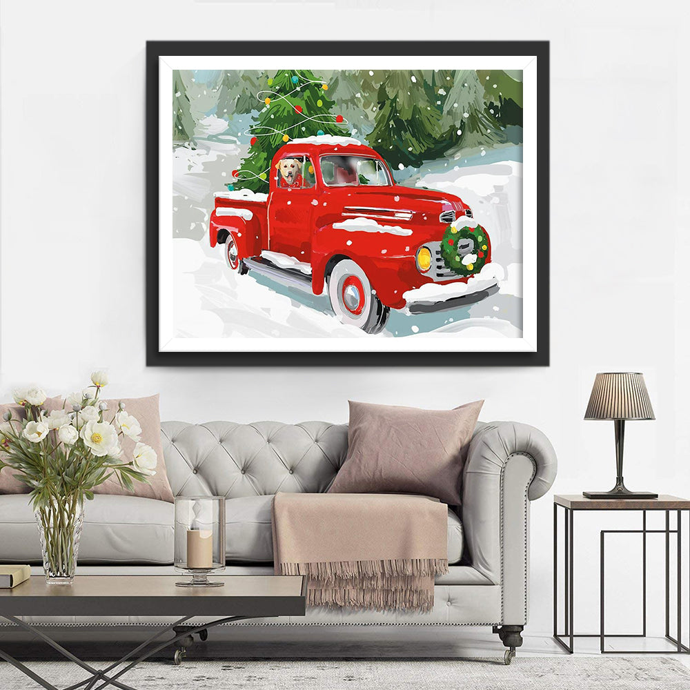 Feestelijke Rode Pick-up met Kerstboom en Hond Diamond Painting