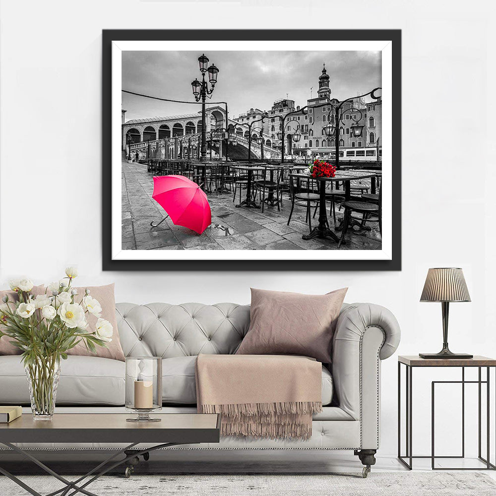 Felrode Paraplu op het Lege Terras Diamond Painting