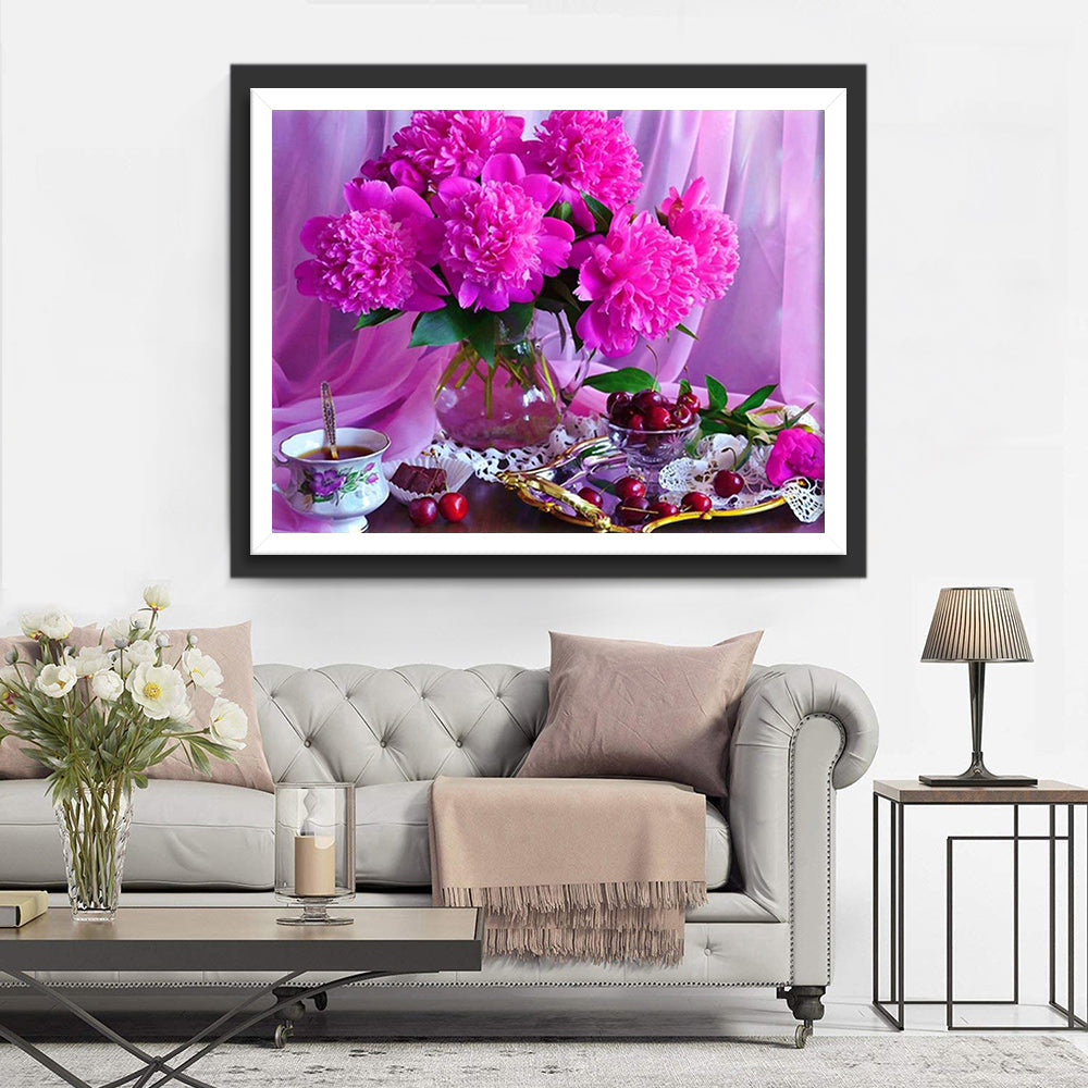 Felroze Pioenrozen met Kersen en Thee Diamond Painting