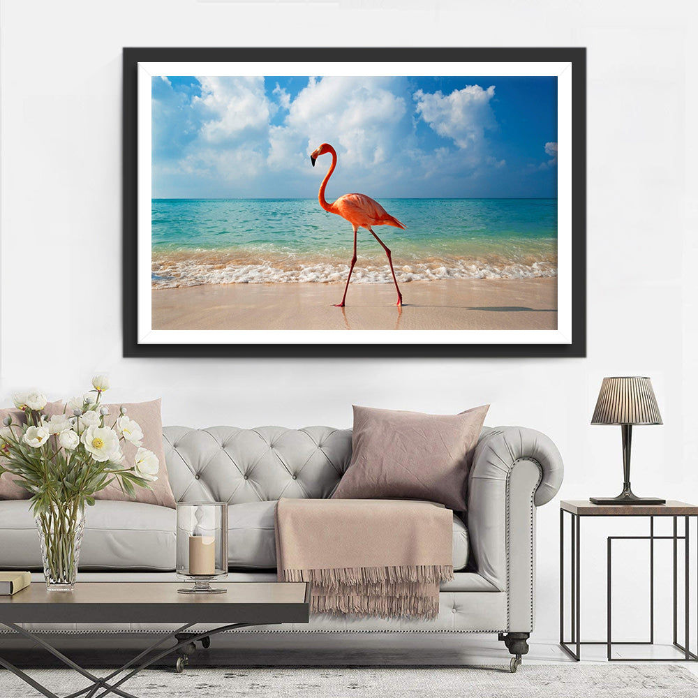 Flamingo Wandelend op Glimmend Strand Diamond Painting
