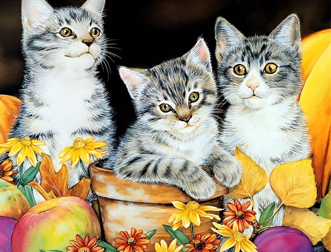 Fruit, Bloemen en Drie Katten Diamond Painting