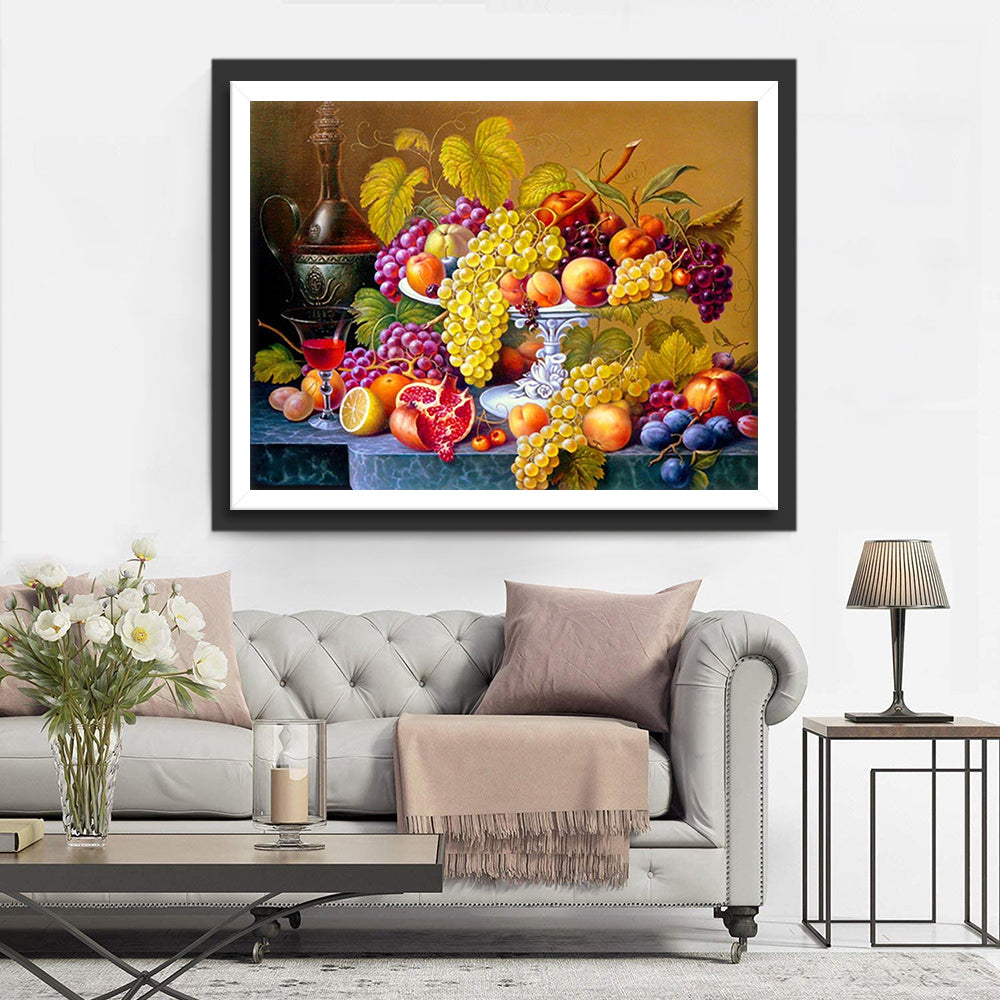 Fruittableau met Druiven, Steenvruchten en Wijnaccessoires Diamond Painting