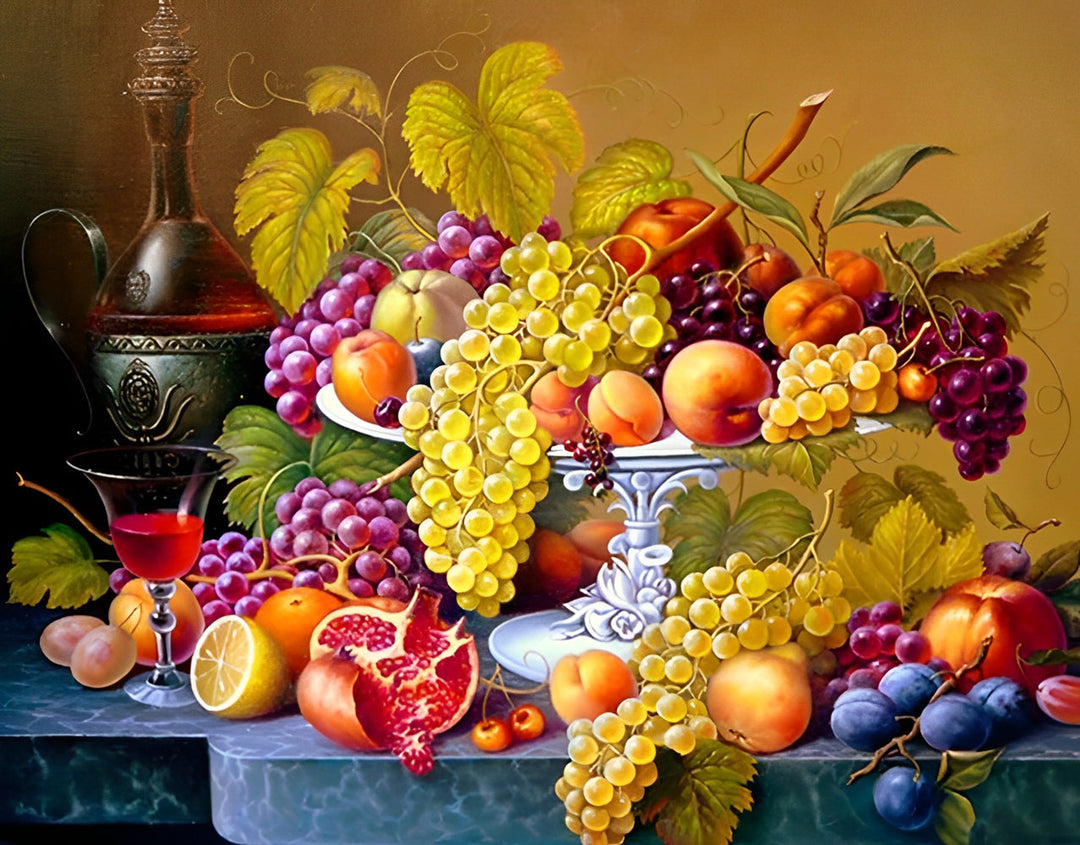 Fruittableau met Druiven, Steenvruchten en Wijnaccessoires Diamond Painting