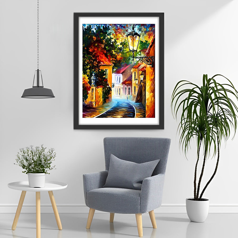 Gebogen Weggetje, Kleurrijke Huizen en Oude Lantaarn Diamond Painting