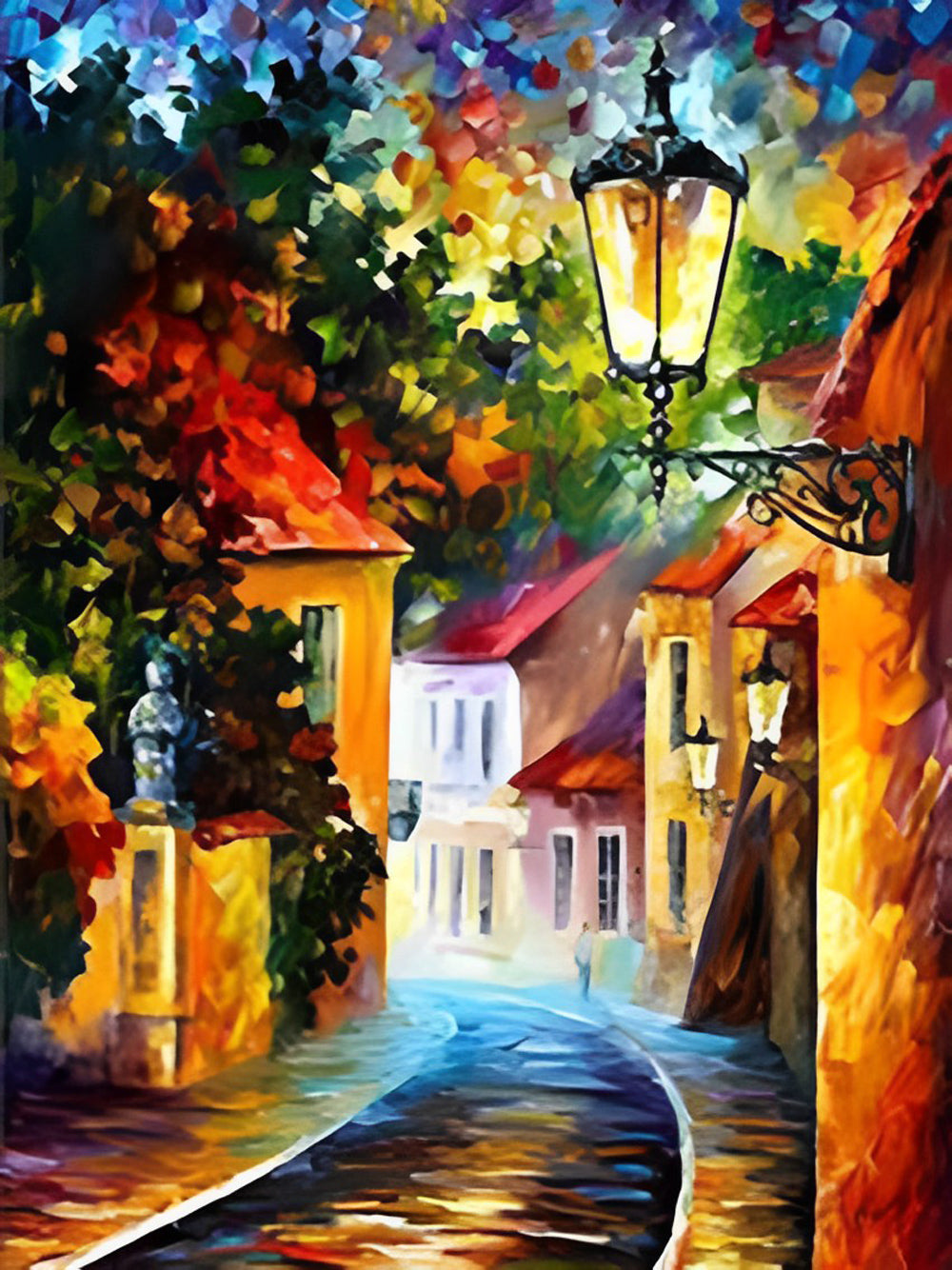 Gebogen Weggetje, Kleurrijke Huizen en Oude Lantaarn Diamond Painting