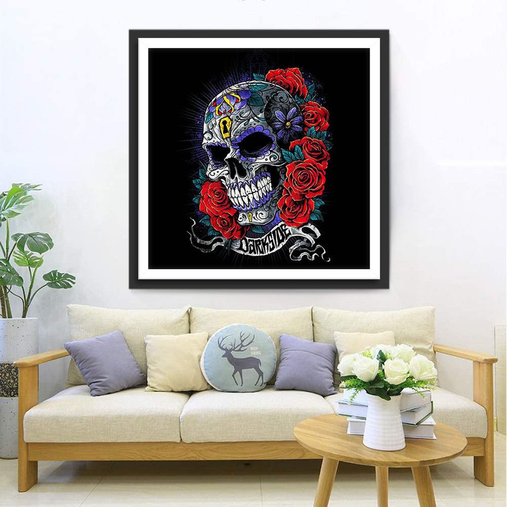 Gedetailleerd Versierd Doodshoofd tegen Zwarte Achtergrond Diamond Painting