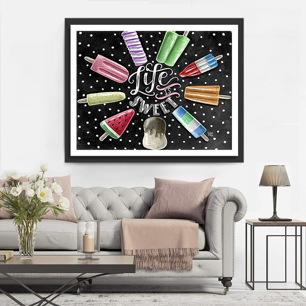 Gedetailleerde Muurprent met Diverse Ijslollys en 'Life Sweet' -boodschap Diamond Painting