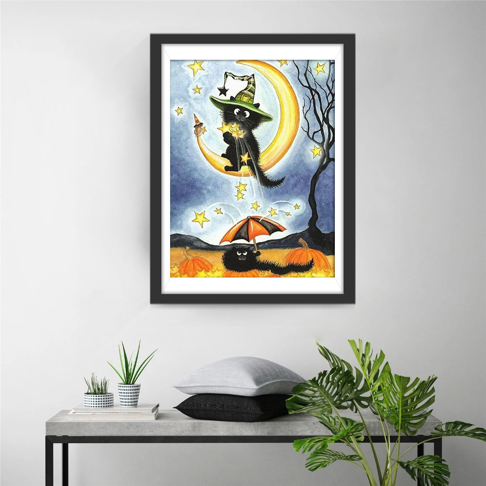 Geheimzinnige Katten in Halloween-nacht Diamond Painting