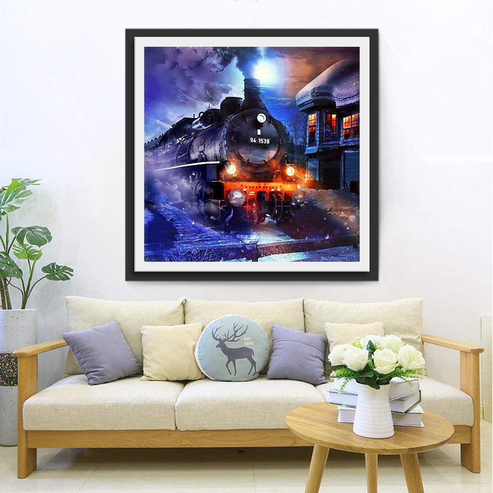 Geheimzinnige Locomotief bij Gebouw Diamond Painting