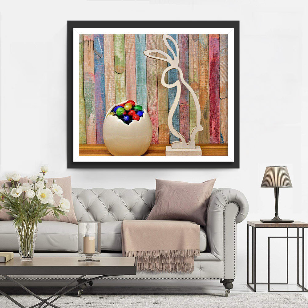 Gekleurde Eitjes en Witte Konijnenornament Diamond Painting
