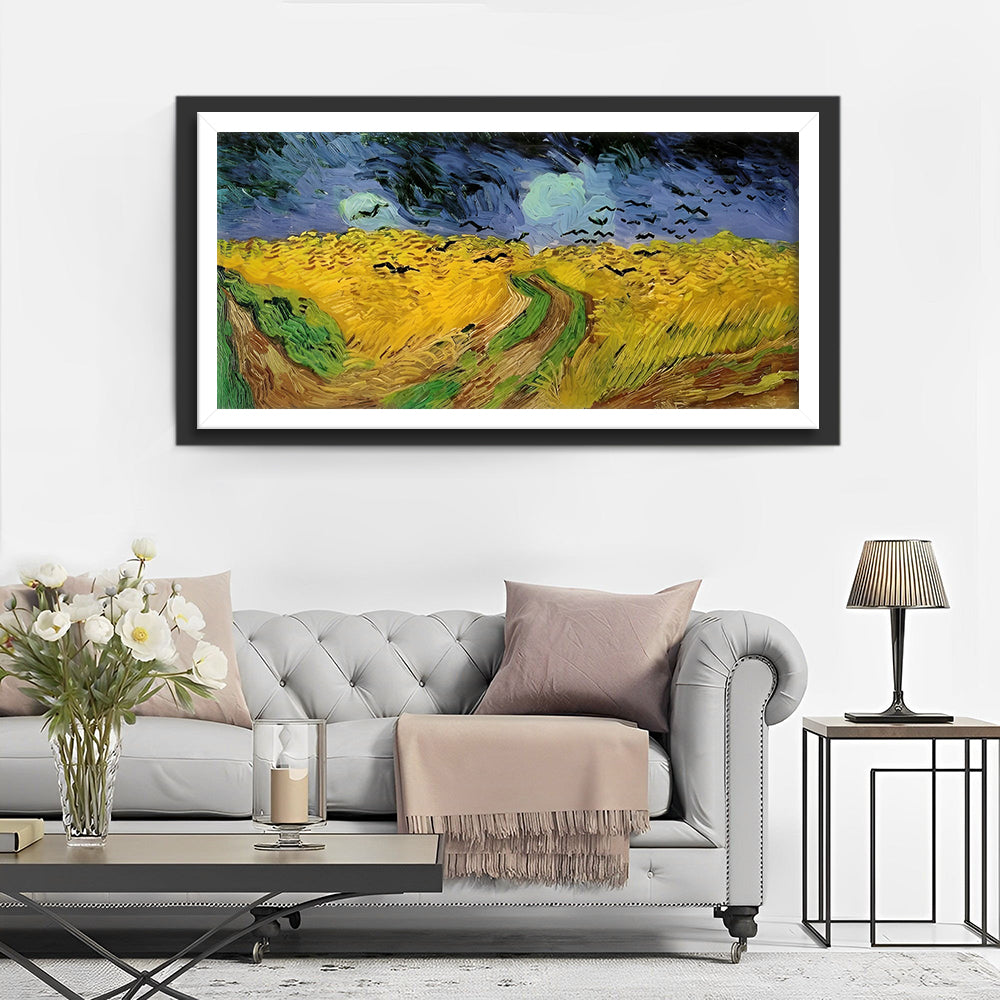 Gele Akkers en Zwarte Vogels onder de Wolken Diamond Painting