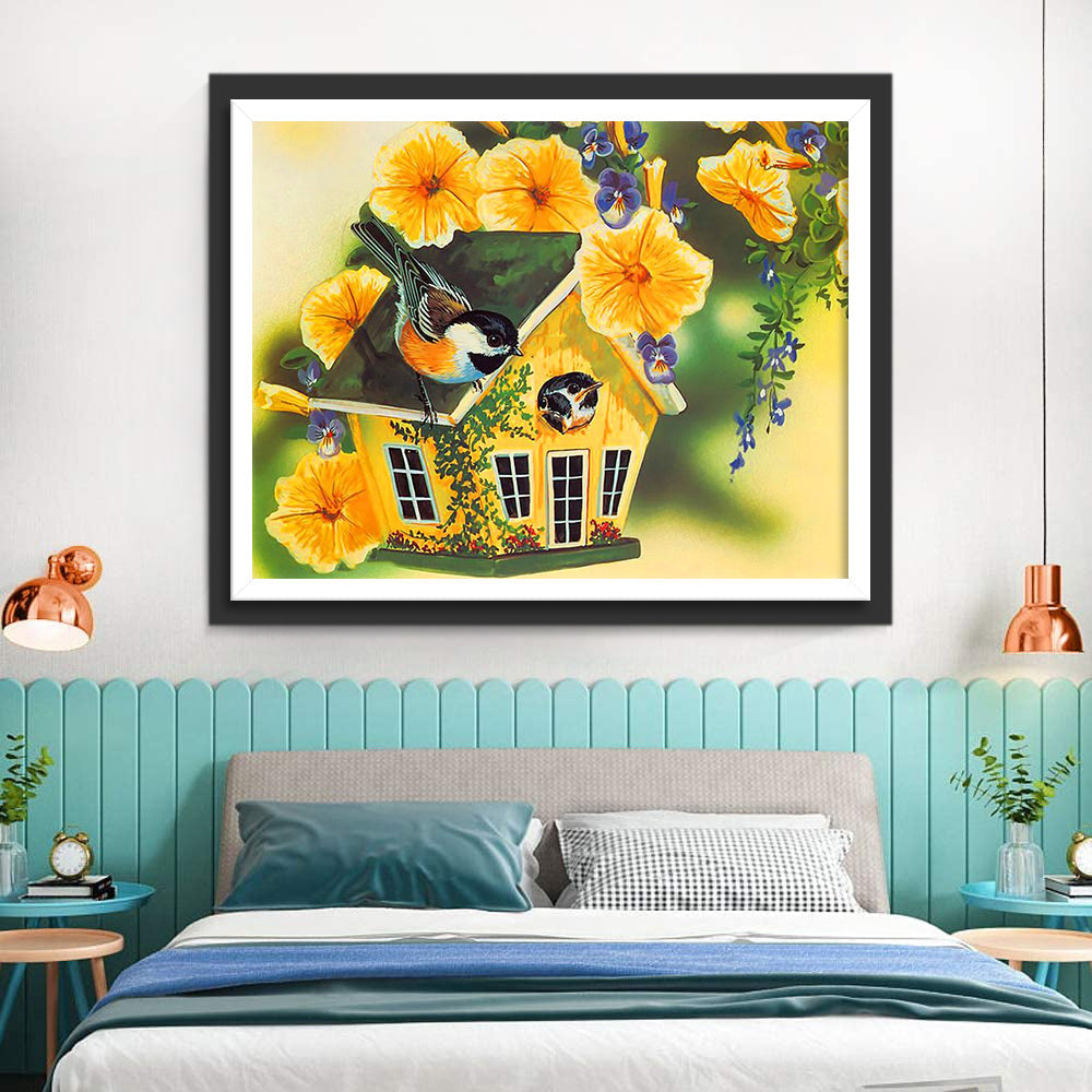 Gele Bloemen en Vogelnesten Diamond Painting