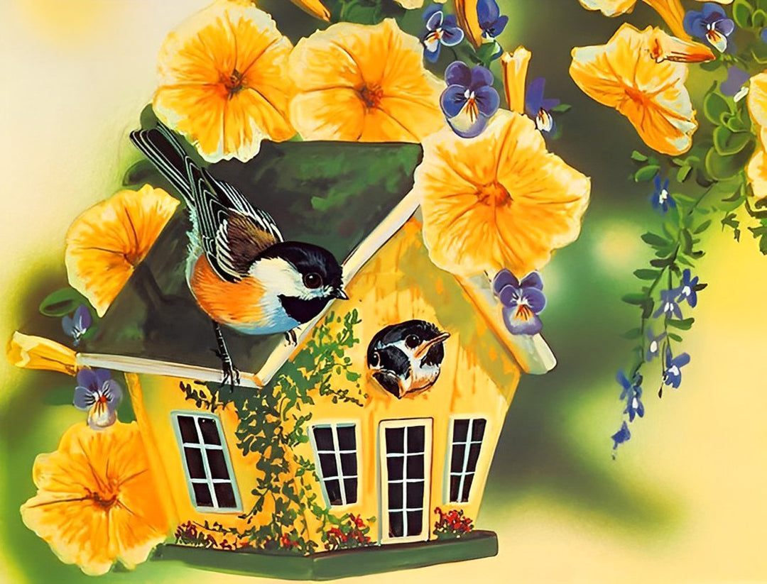 Gele Bloemen en Vogelnesten Diamond Painting