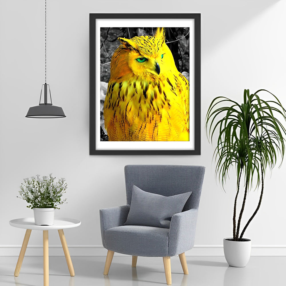Gele Uil met Groene Ogen Diamond Painting