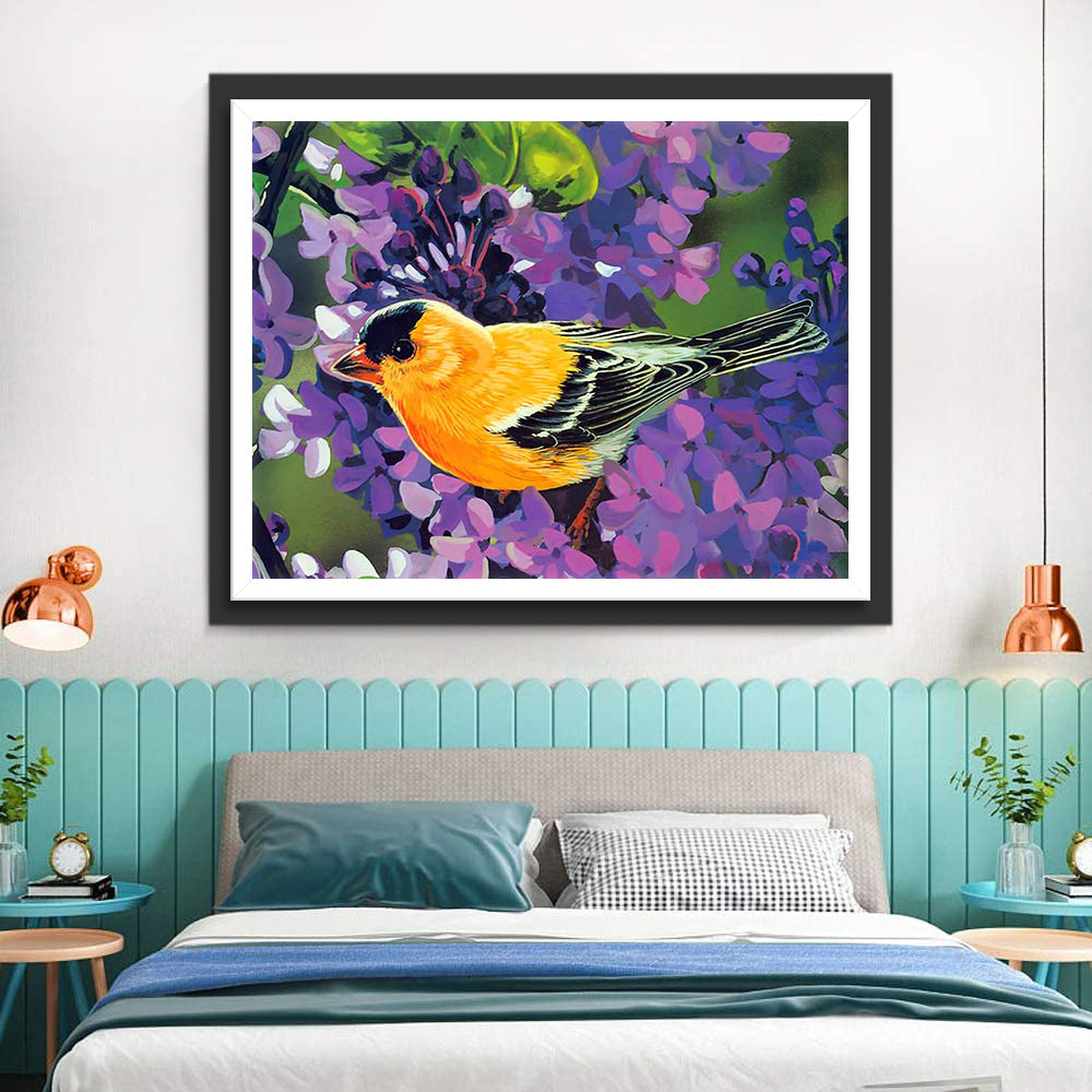 Gele Vogel en Paarse Bloemen Diamond Painting