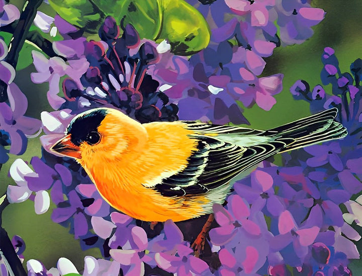 Gele Vogel en Paarse Bloemen Diamond Painting