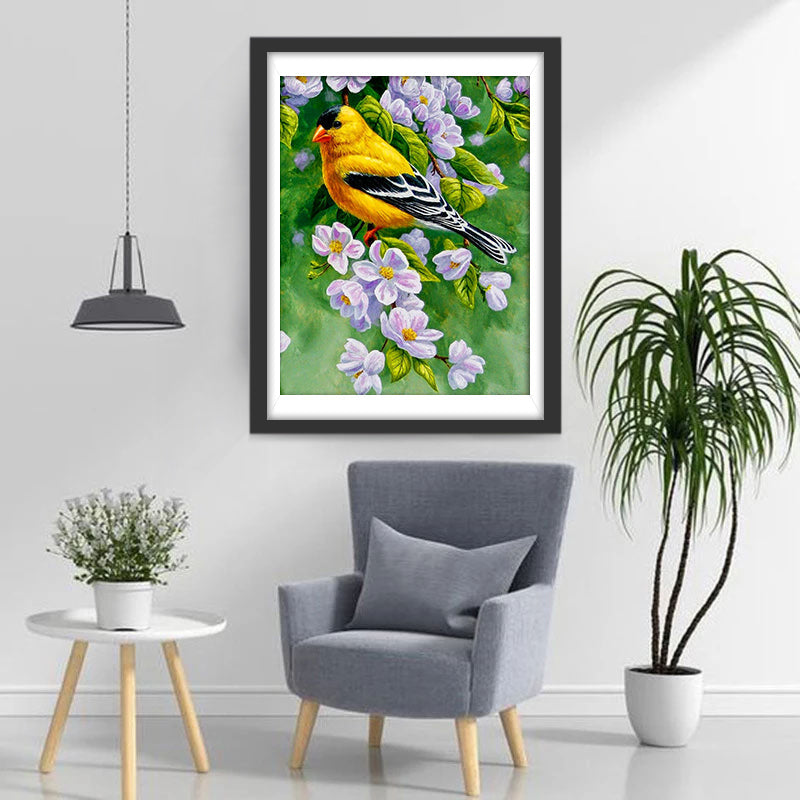 Gele Vogel in Paarse Bloemen Diamond Painting