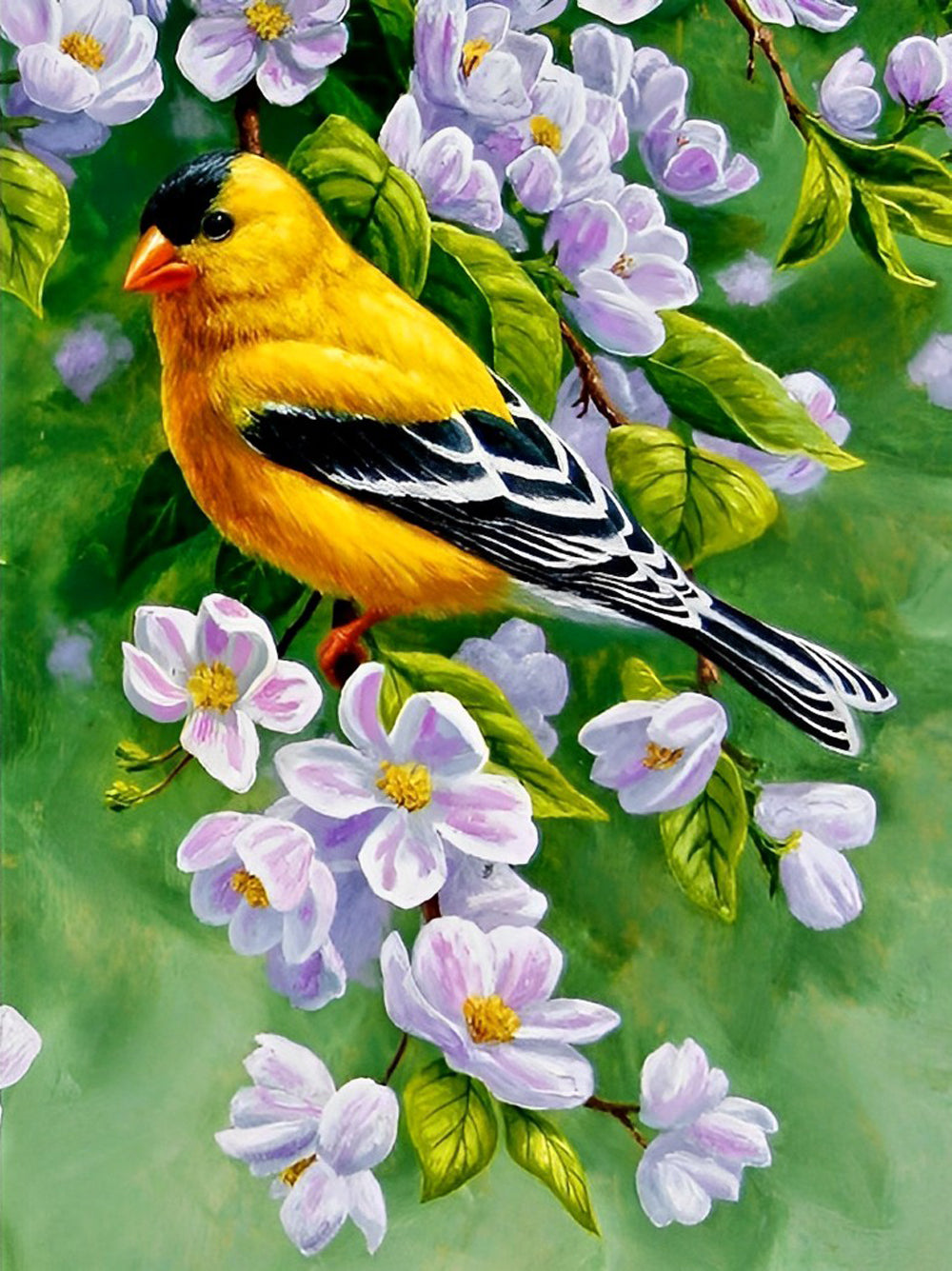Gele Vogel in Paarse Bloemen Diamond Painting