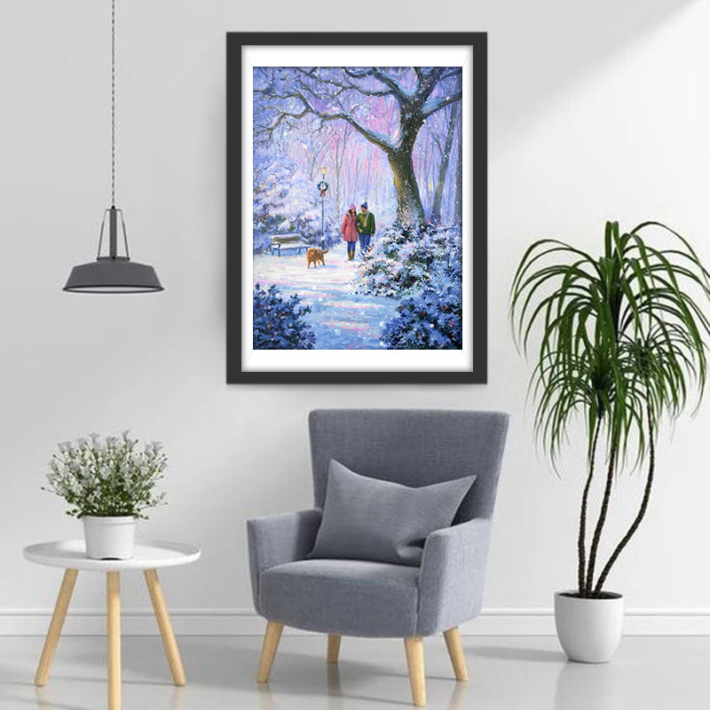 Geliefden en Hond in Sneeuwbeslagen Park Diamond Painting