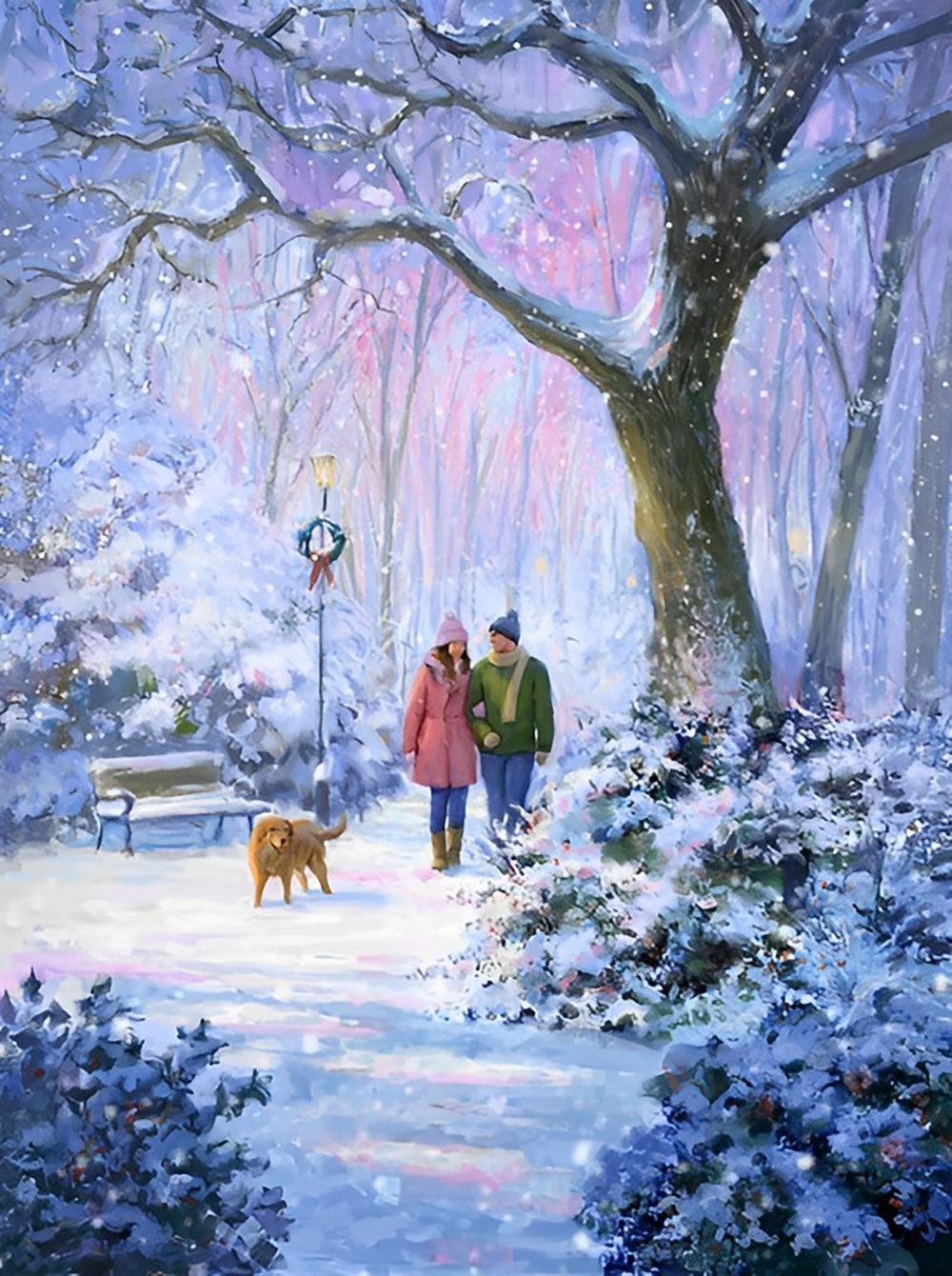 Geliefden en Hond in Sneeuwbeslagen Park Diamond Painting