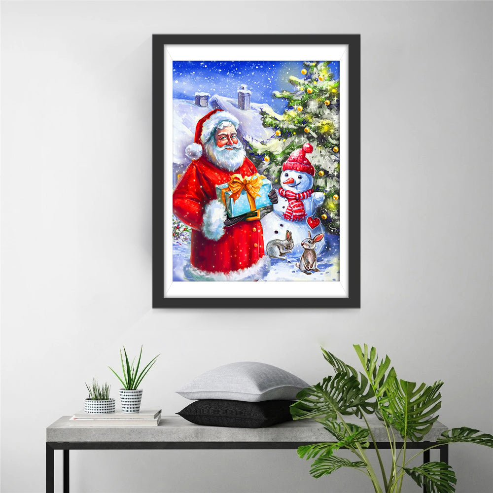 Geschenkdragend naast Sneeuwpop en Konijnen Diamond Painting