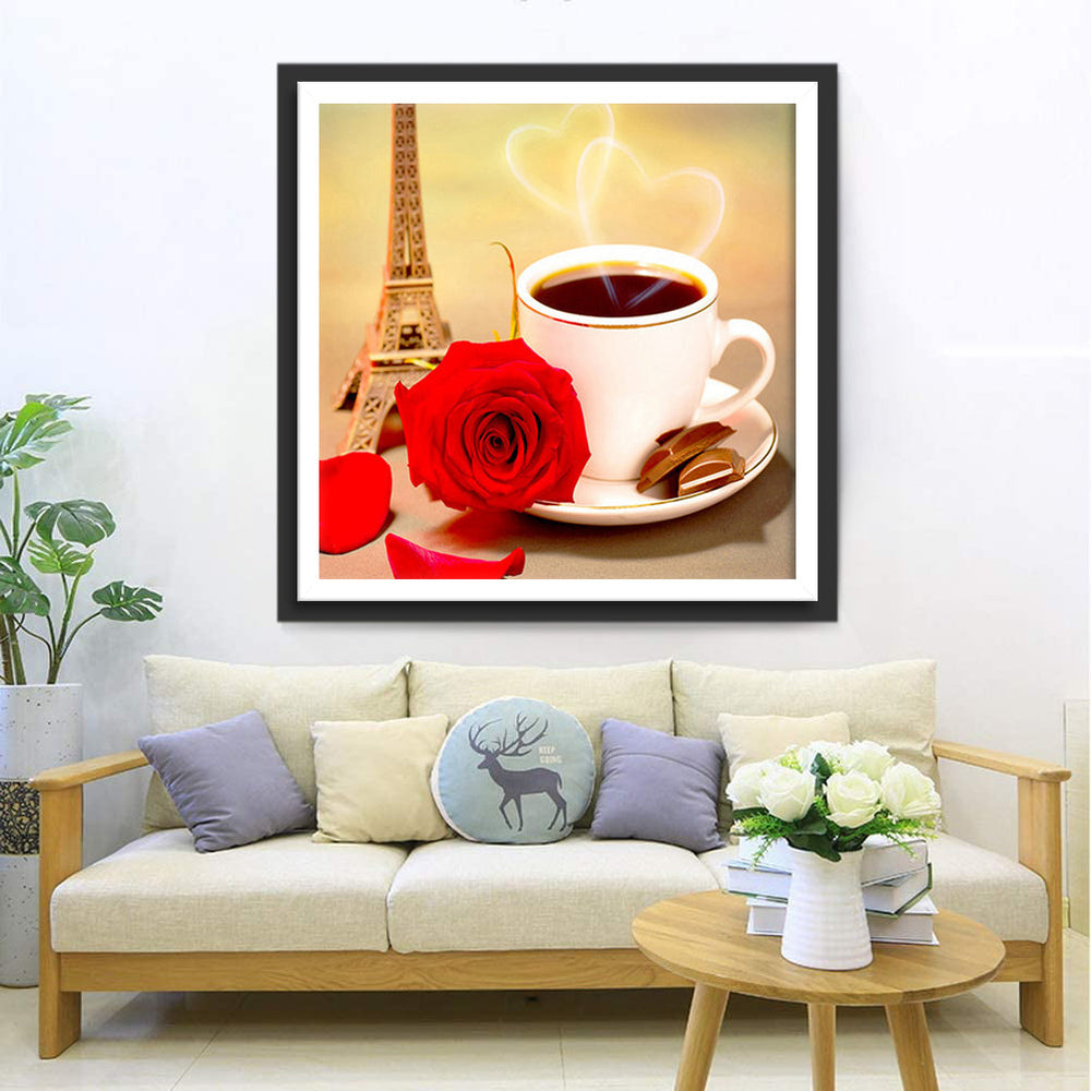 Gezellige Koffiemoment met Roos tegen de Eiffeltoren Diamond Painting