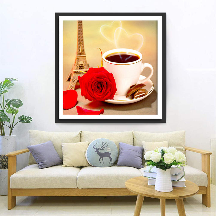Gezellige Koffiemoment met Roos tegen de Eiffeltoren Diamond Painting